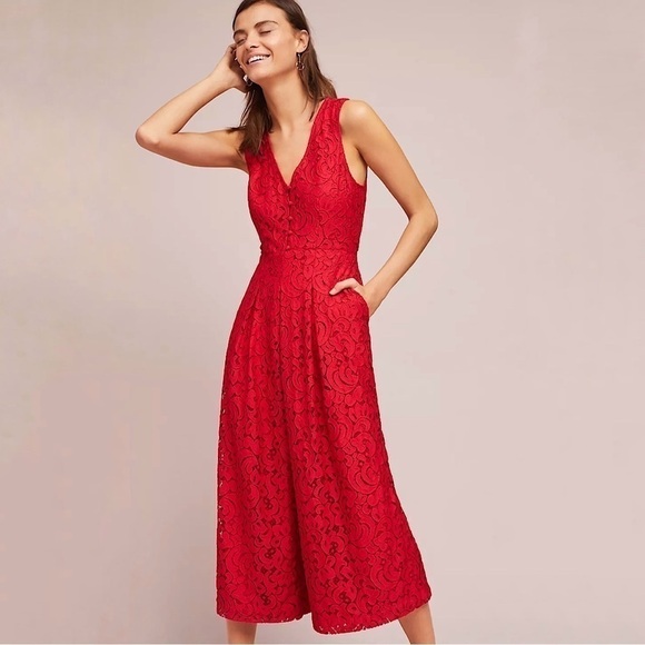 Anthropologie Moulinette Soeurs Jaeda Wide Leg Lace Jumpsuit Red 2 - Picture 2 of 16